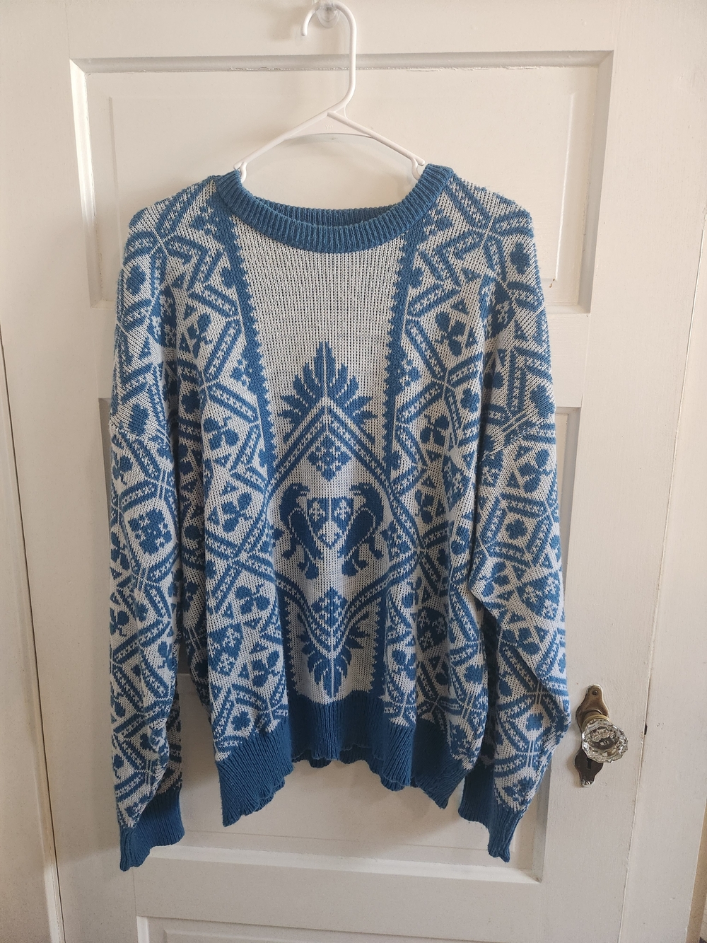 Vintage London Fog XL Blue Cream Geometric Knit Sweater Oversized Retro